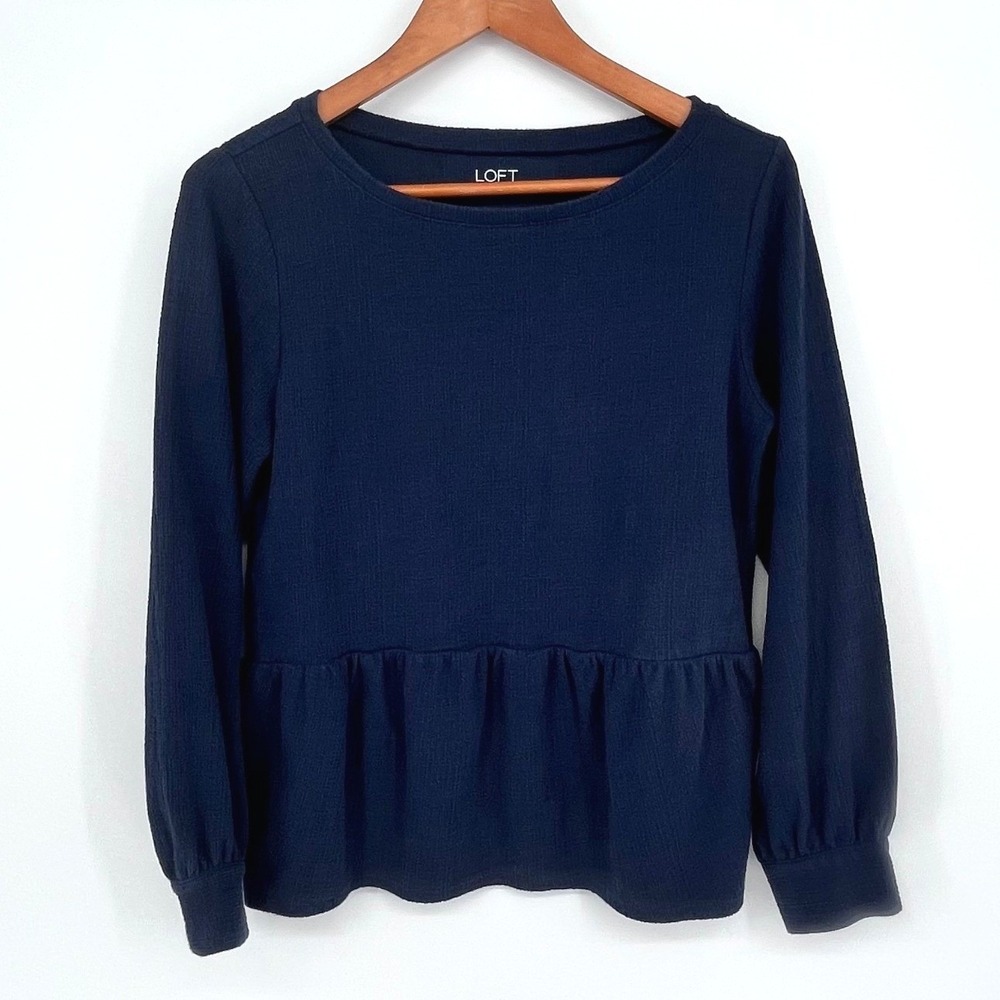 LOFT Peplum‎ Top Women Medium Navy Blue Long Sleeve Minimalist Classic Modest